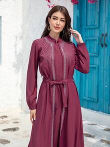 Women's Fashion Elegant Beaded Abaya Dress With Loose Long Sleeves Belt Style Casual Conservative Arabian Robe