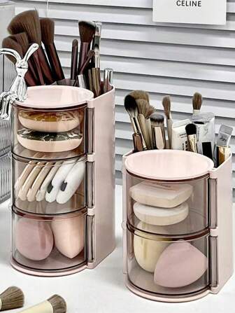1 pièce Nouvelle boîte de rangement rotative pour éponges de maquillage, organisateur de bureau de coiffeuse anti-poussière pour éponges de maquillage, pinceaux de maquillage, rouges à lèvres best-sellers