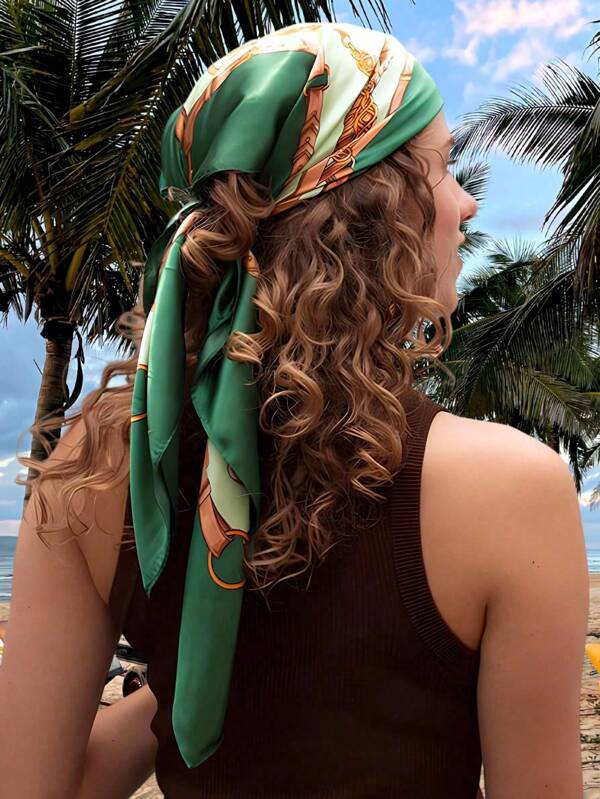1 Peça Lenço Quadrado Verde Leve Feminino, Versátil para Praia, Férias, Faixa de Cabelo, Bandana