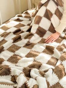 1 件棕色格子图案柔软舒适毛毯，适用于家居装饰、床、沙发、办公室、房间、宿舍，可机洗 - 棕色 - 查看 4