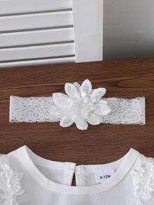 Spring & Autumn New Baby Girls' Outfit, Lace Bodysuit With Round Neck Long Sleeves, Bow & Ruffle Trim, Matching Lace Headband, Sweet & Elegant Style Suitable For Special Occasions Or Everyday Wear