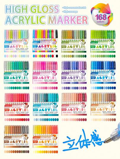 Set di pennarelli acrilici GUANGNA da 168 colori - Punta fine da 1,2 mm, punte a doppia sfera con molla, resistenti all'acqua e ai raggi UV, per stratificazione 3D, pennarelli per artisti per studenti, colori impilabili e inchiostro fissato sulla carta - Pittura su vetro/roccia/corpo, libri da colorare fai-da-te | Set regalo per ragazzi/ragazze Natale e ritorno a scuola