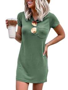 Fisoew Women's Summer T-Shirt Mini Dress – Casual Solid Color Crew Neck Tee Dress With Pocket Christmas Gift & New Year Gift - 軍綠色 - 查看 5