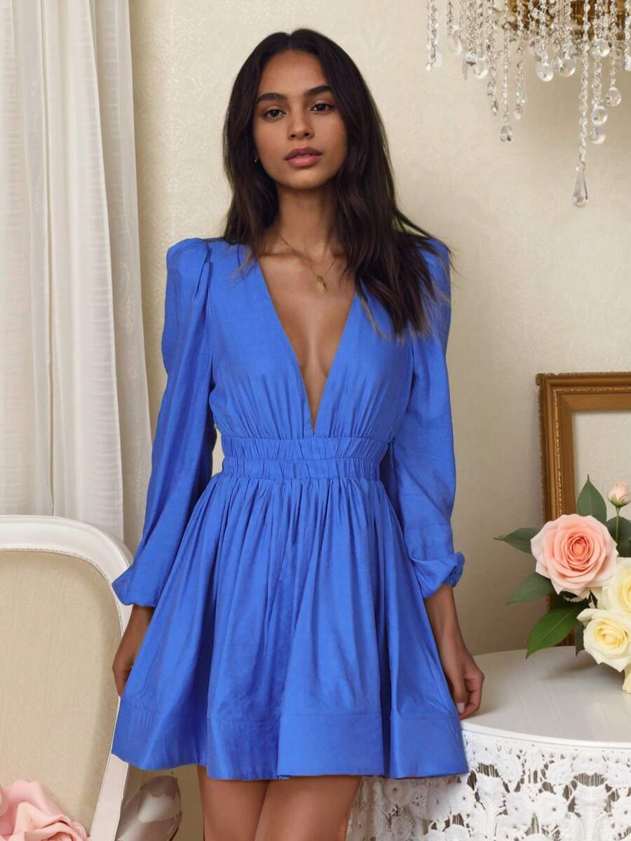 女式休闲短款 A 字连衣裙，深 V 领，腕长袖，梭织面料 - 寶藍色 - 查看 1