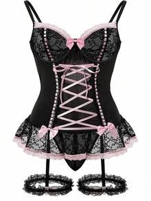 Sheer Mesh Corset Lace-Up Garter Belt Babydoll Lingerie Set - 黑色 - 查看 1