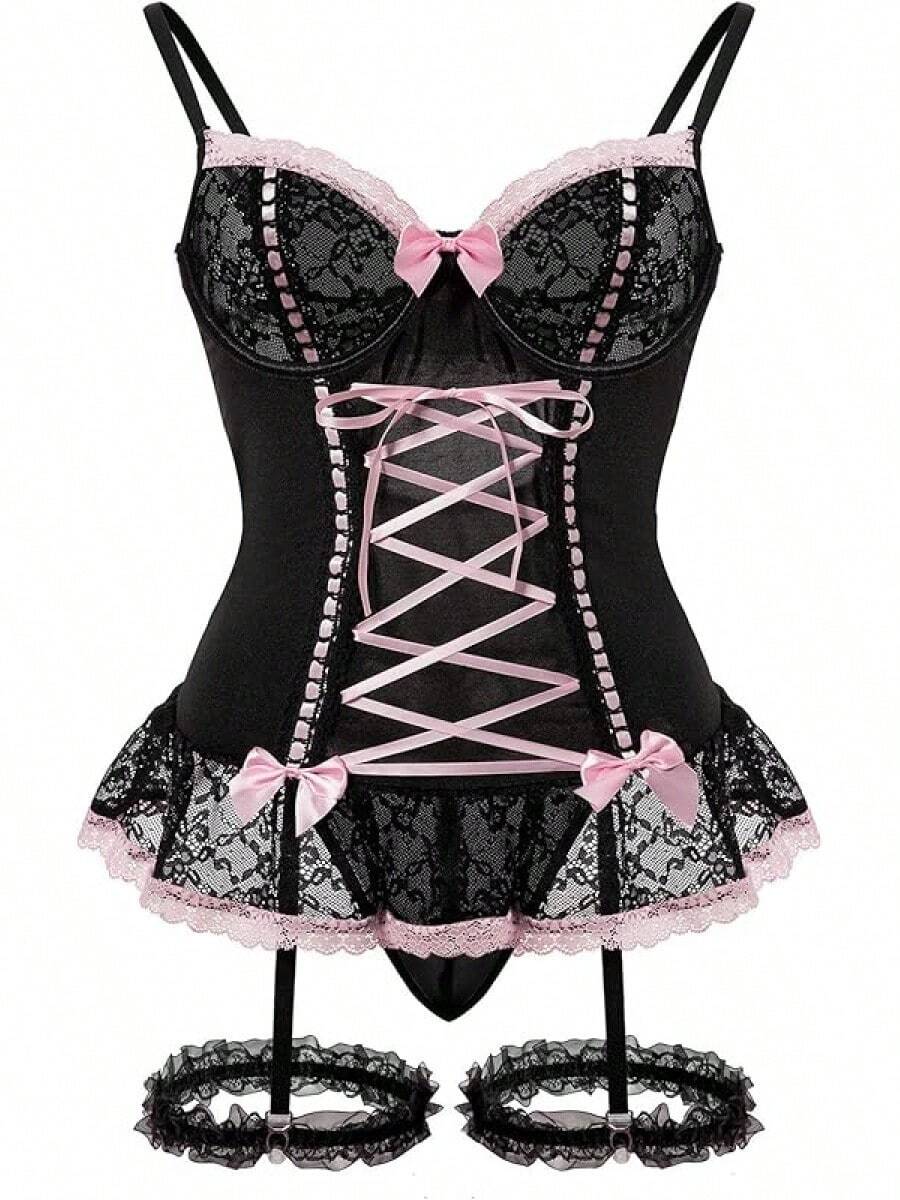 Sheer Mesh Corset Lace-Up Garter Belt Babydoll Lingerie Set - 黑色 - 查看 1