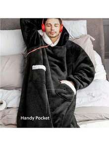 150厘米超长法兰绒毯防寒睡袍睡衣袖冬季连帽衫运动衫女士男士套头衫羊毛大衣 - 灰色 - 查看 8