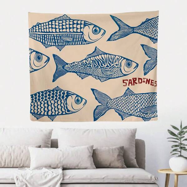 1 Stück Sardinen Wandteppich, Retro Sardinen Wandkunst, horizontaler Fisch Muster, Retro Küchen Muster, Küchen Wandkunst, Fisch Wandkunst, Retro Dekoration, für Wohnzimmer, Schlafzimmer, Büro, Heimdekoration, Fahne für Raum, Raumdekoration, Wandteppich, Wanddekoration, ideales Geschenk, Heimdekoration, Raumartikel, Fahnen für Raum, Wandteppich, Strandmatte, Picknickdecke
