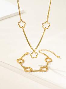 2pcs/Set Hollow Clover Metal Necklace & Bracelet Jewelry Set For Women, Fashion & Versatile