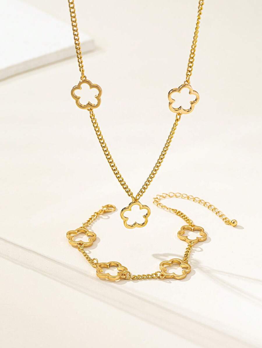 2 件套镂空三叶草金属项链和手链首饰套装，适合女士，时尚百搭
