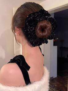 1pc Large Black Hair Scrunchie With Vintage Red Sequins, Hair Tie And Hair Accessories For High-End Feel Scrunchies Scrunchy Hair Ties Ponytail Head Accessories Elastic Band Hair Rubber Bands - 1 Item - View 4