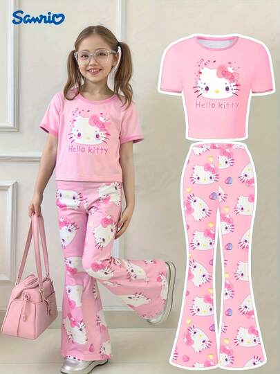 Sanrio Sanrio Hello Kitty Girls 2pcs Set: Round Neck T-Shirt + Slim Flare Pants