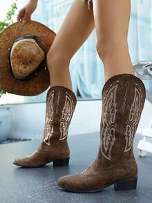 女士时尚刺绣仿麂皮咖啡棕色西部靴，尖头粗跟V领过膝长靴，别致朋克风中跟切尔西靴，户外休闲时尚正装靴 - 咖啡棕 - 查看 1
