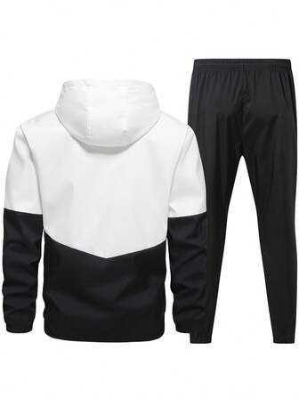 YINGHU 2-delat herrset för casual, huva med dragkedja i färgblock och träningsbyxor med dragsko, lämplig för vår/höst, fitness, löpning, sport