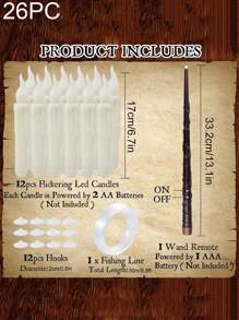 26Pcs (12pcs Candle 17cm/6.7inch&12pcs Hook 2cm/0.8inch&1PC Magic Wand 33.2cm/13.1inch&1PC Fishing Line 30 M/ 9.8 Ft) Halloween Floating Candle With Wand, Magic Hanging Candle Flashing Warm Light Flameless LED Tapered Candle With Remote Control, Battery Operated Window Candle, Suitable For Halloween & Christmas & Family Wedding Birthday Party Atmosphere Decoration,Christmas
