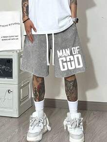 290g Washed Shorts, God's Men Print Summer Men's Retro Washed Casual Street Sports Shorts, Comfortable And Breathable, Daily Wear, Adjustable Drawstring Waist Circumference, Elastic Waistband And Pocket - 深灰色 - 查看 1