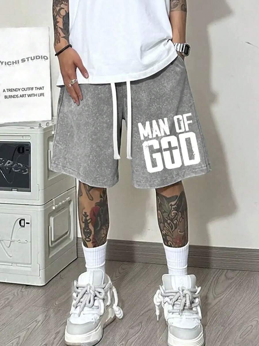 290g Washed Shorts, God's Men Print Summer Men's Retro Washed Casual Street Sports Shorts, Comfortable And Breathable, Daily Wear, Adjustable Drawstring Waist Circumference, Elastic Waistband And Pocket - 深灰色 - 查看 1