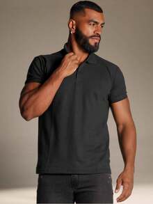 Basic Polo Shirt With Classic Collar And Short Sleeves, Comfortable, Breathable, Piqué Cotton, Casual, Spring/Summer, Men's. - màu đen - Xem 2