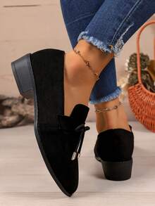 女士新款仿麂皮面料乐福鞋，系带蝴蝶结装饰尖头粗跟玛丽珍鞋，英伦风格皮革平底鞋，舒适粗跟工作鞋，纯色优雅百搭浅口鞋 - 黑色 - 查看 6