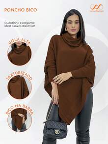 Swisz Women's Winter Poncho Knit Long Sleeve V-Neck Sweater With Scarf - 鏽棕色 - 查看 4