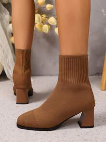 秋冬女士针织弹力袜靴，方头百搭高跟靴，粗跟时尚踝靴