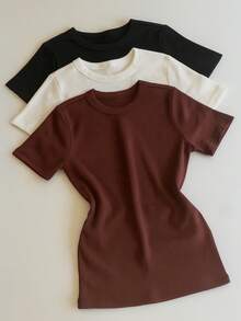 Kit 3 Short Sleeve Ribbed Blouses For Women, Basic, Elegant, Summer - Nâu/Trắng/Đen - Xem 1
