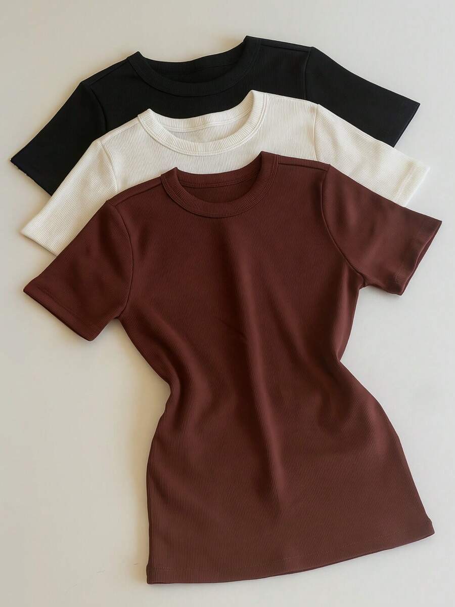 Kit 3 Short Sleeve Ribbed Blouses For Women, Basic, Elegant, Summer - Nâu/Trắng/Đen - Xem 1