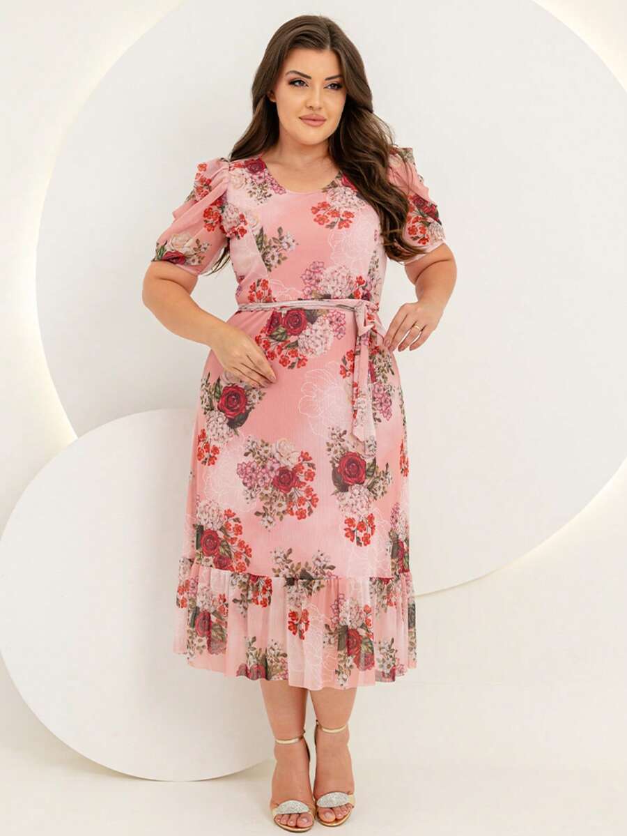 Women's Plus Size Evangelical Printed Tulle Midi Dress - Màu Hồng San hô - Xem 1