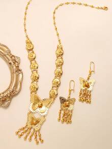 3 件时尚优质项链耳环套装铜镀金玫瑰花朵图案硬币链首饰套装适合女性婚礼首饰节日礼物