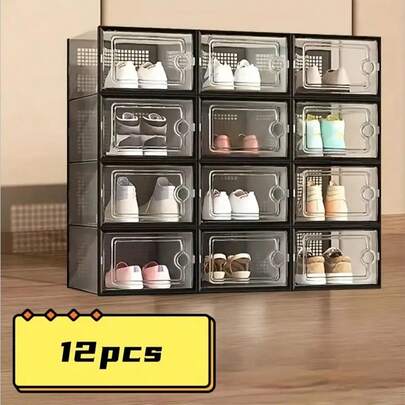6/12 Thick Transparent Shoe Box With Lid, Foldable And Stackable Shoe Rack, Free Combination, Plastic Sports Shoe Container, Space Saving Storage Organizer