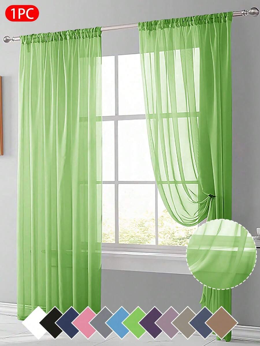 1pc Sheer Voile Curtain, Lightweight Translucent Fabric, Sun Blocking & Heat Insulation, Rod Pocket Top Design, Good Drapability, Suitable For Living Room, Bedroom, Balcony Decor | Autumn Decoration, Room Decor - Green - View 1
