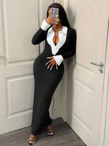 Women's Elegant Bodycon 2 In 1 Collared Patchwork Dress - Black - View 6