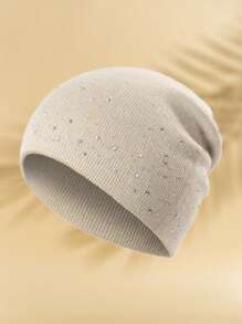 1pc Double-Sided Rhinestone Embellished, Minimalist & Fashionable, Shiny Women Beanie Hat Winter Women - Beige - View 1