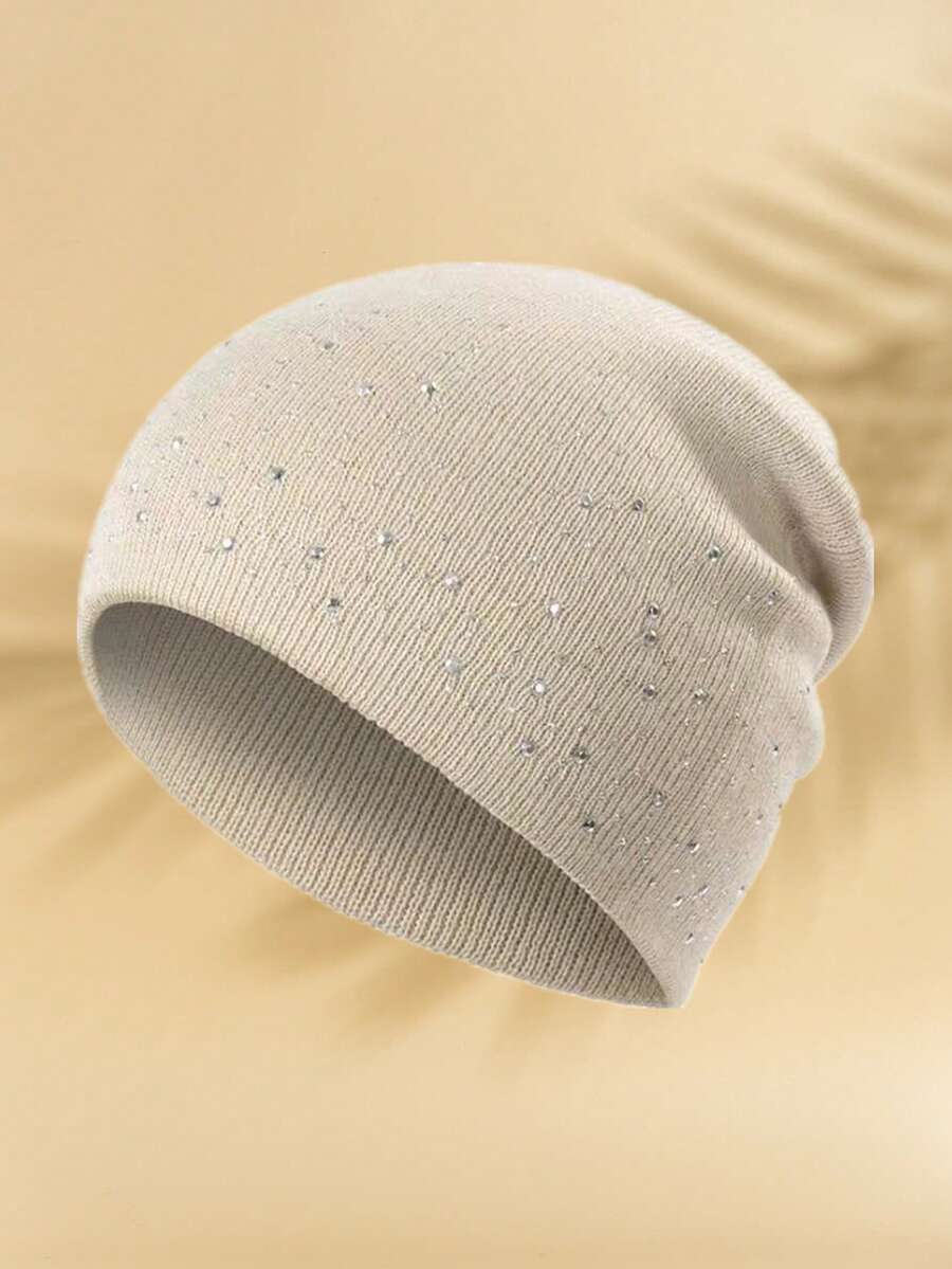 1pc Double-Sided Rhinestone Embellished, Minimalist & Fashionable, Shiny Women Beanie Hat Winter Women - Beige - View 1