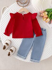 2pcs Baby Girl Casual Solid Color Ruffle Trim Long Sleeve Top And Butterfly Embroidered Elastic Waist Denim Pants Outfit, Spring/Autumn