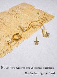 Bộ 3 món: Khuyên tai hình hoa và bướm xếp chồng, khuyên tai đính đá mặt dây chuyền mạ vàng 14K, khuyên tai hình chữ nhật dáng dài, trang sức xỏ lỗ lãng mạn, phù hợp cho phụ nữ đeo hàng ngày và dự tiệc. - Vàng-3# - Xem 4