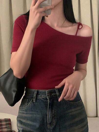 Solid Color Asymmetrical Off-Shoulder Tie Bow Knit Sweater For Women