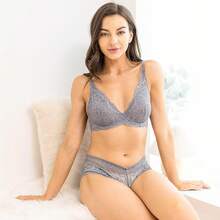 Women's Sexy Lace Bra Non-Padded Underwire See Through Unlined Bra Mesh Sheer Plunge Low Cut Braletteshalloween - Grey - View 6