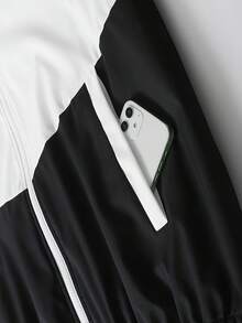 YINGHU 2pcs Men Casual Sports Set, Hooded Zipper Color Block Jacket And Drawstring Pocket Sweatpants, Suitable For Spring/Autumn Fitness, Running, Sports - Black - View 3