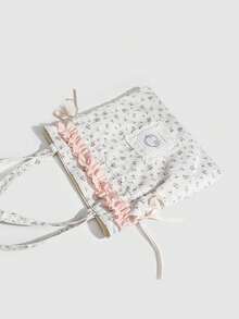Back To School Vintage Floral Canvas Tote Bag, Large Capacity Suitable For College Students, Contrast Color Handbag, Versatile Shoulder Bag For Women, Campus Tote Bag - Pink - View 6