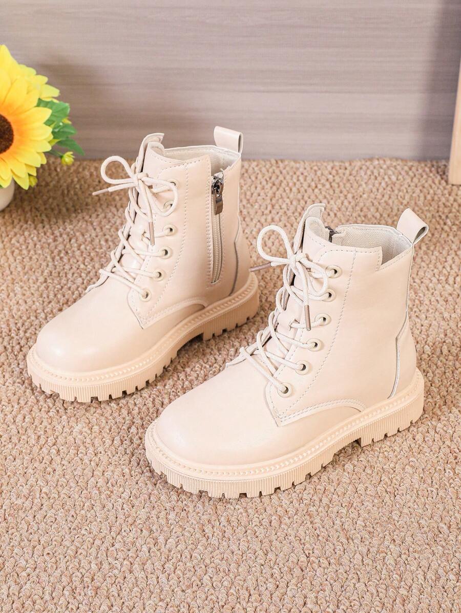 1 Pair Toddler/Kids Matte PU Leather Boots, Soft Lining, Side Zipper, Round Toe, Lace-Up, Thick Sole, Fashion Cute Mid-Calf Boots, Suitable For 3-12 Years Old Boys/Girls, Casual, Daily, Party, Vacation, Autumn/Winter - Beige - View 1