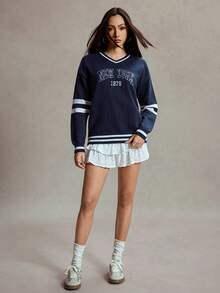 Women's New York Letter Pattern Sweatshirt V Neck Long Sleeve Pullover, Cable Knit Striped Casual Tennis Loose Top, Spring Autumn Winter - Multicolor - View 4