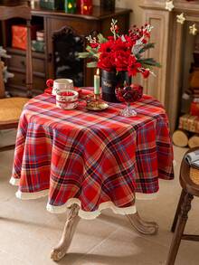 Cirelle 1pc Round Christmas Tablecloth, Classic Red & Green Plaid, Suitable For Christmas, Weddings, Parties And Other Dining Table Decor