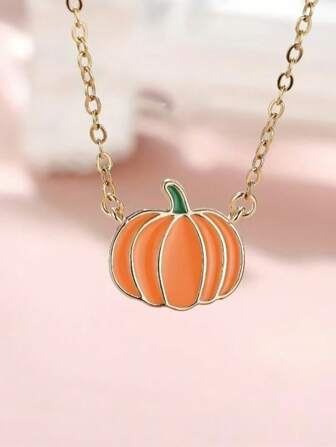 1pc Women's Pumpkin Pendant Necklace, Vibrant Orange And Green Design For Halloween, Holiday Gift, Holiday Jewelry