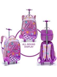 BLING BABIES 3 Pezzi Set Zaino con Ruote per Ragazze, Design Carino a Sirena con Paillettes Rosa, Zaino Scolastico con Ruote per Studenti delle Elementari, Bambini, con Borsa Pranzo e Astuccio