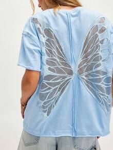 Butterfly See Through T Shirts For Women Oversized Short Sleeve Round Neck Back Sheer Mesh Tee Shirt Top Summer Party Club Going Out Tops Halloween Holiday Clothes Y2K Streetwear - 淺藍色 - 查看 3