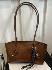 1个咖啡棕色绗缝拉链PU纯色保龄球包，大容量手提包，新款时尚复古单肩包，适合女性日常使用，秋冬季 - 棕色 - 查看 3