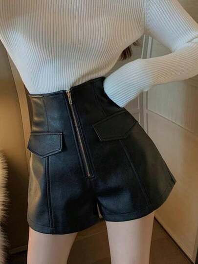 Mujer de talle alto versátil suelta delgada cremallera de PU pantalones cortos de las mujeres casuales de piernas anchas