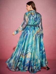 大码女士长款优雅连衣裙，缎带领，随机波浪印花，水钻腰带装饰，春假款 - 彩色 - 查看 2