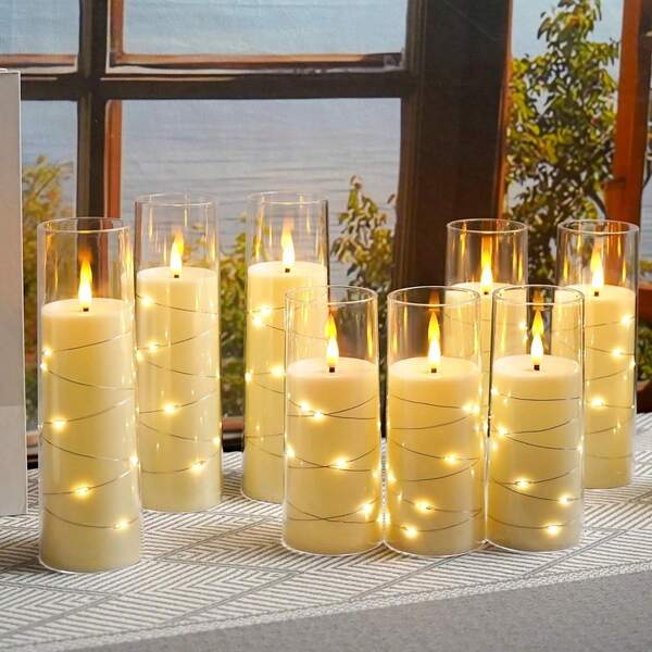 3 Piezas de Velas LED Acrílicas sin Llama con Luces de Cadena de Estrellas Incorporadas, Velas Pilar Alimentadas por Batería, para Ambientación Romántica de Festivales, Bodas en el Hogar, Halloween y Decoración Navideña